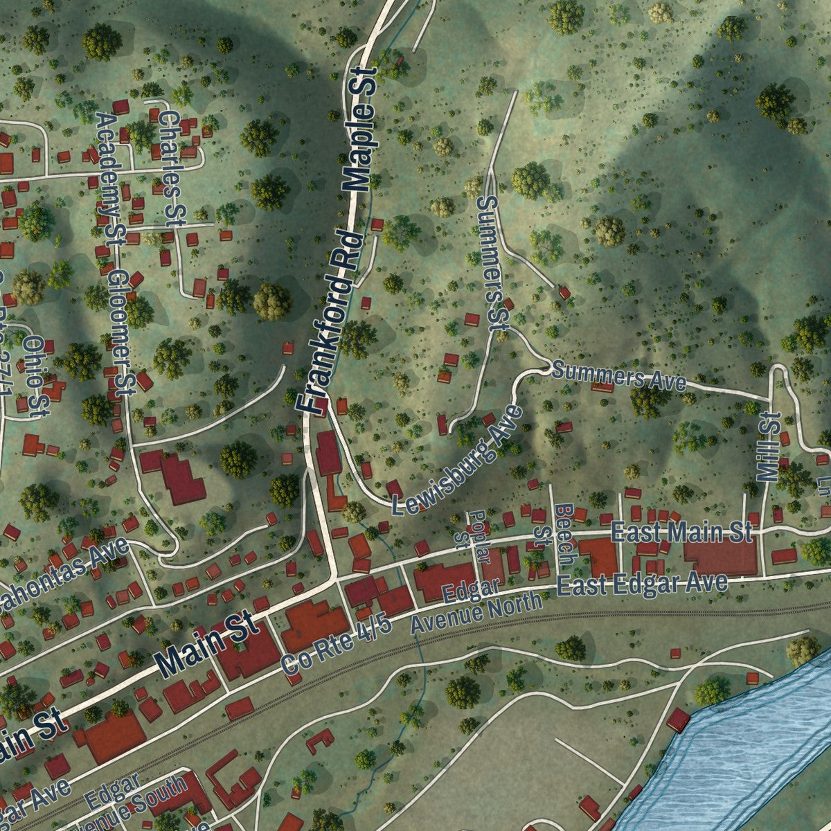 Second close-up of the map of Ronceverte, West Virginia print showing more streets and buildings
