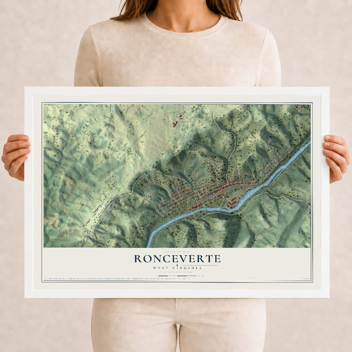 Map of Ronceverte, West Virginia, 12 x 18 inch print in a white wood frame