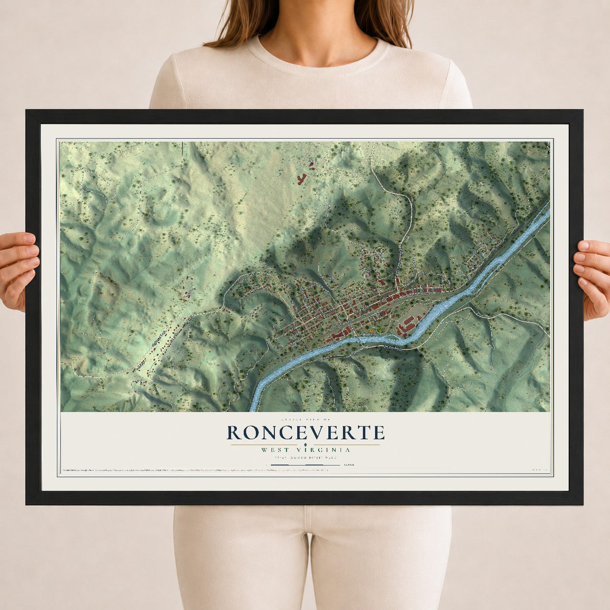 Map of Ronceverte, West Virginia, 18 x 24 inch print in a black wood frame