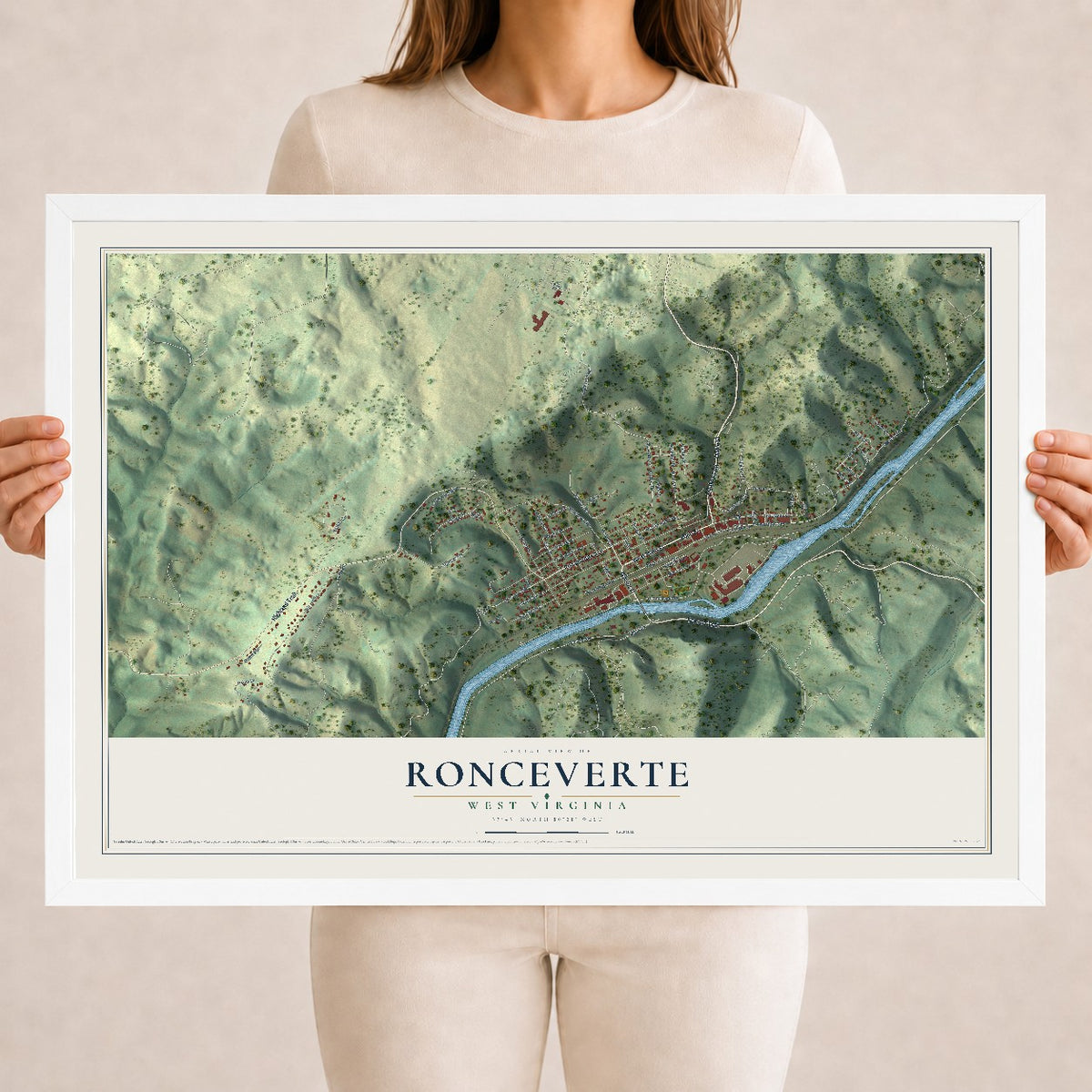 Map of Ronceverte, West Virginia, 18 x 24 inch print in a white wood frame