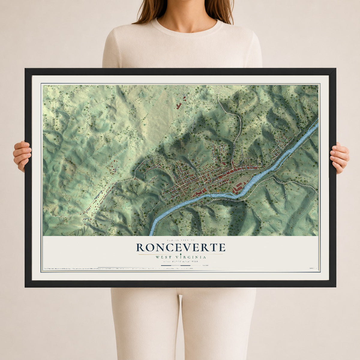 Map of Ronceverte, West Virginia, 24 x 36 inch print in a black wood frame