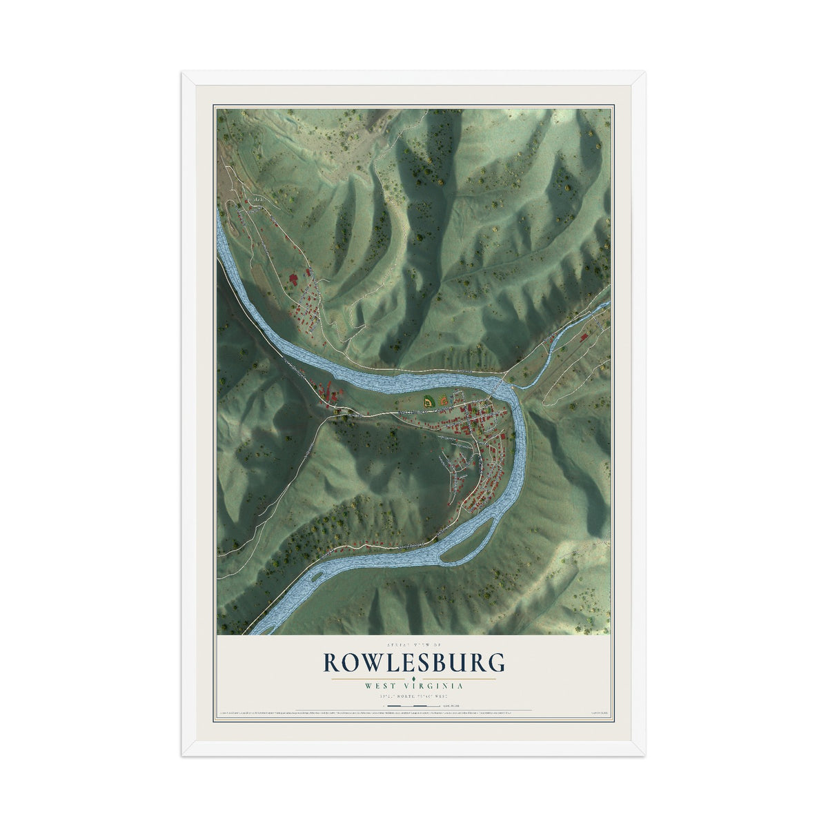 Map of Rowlesburg, West Virginia, 12 x 18 inch print in a white wood frame