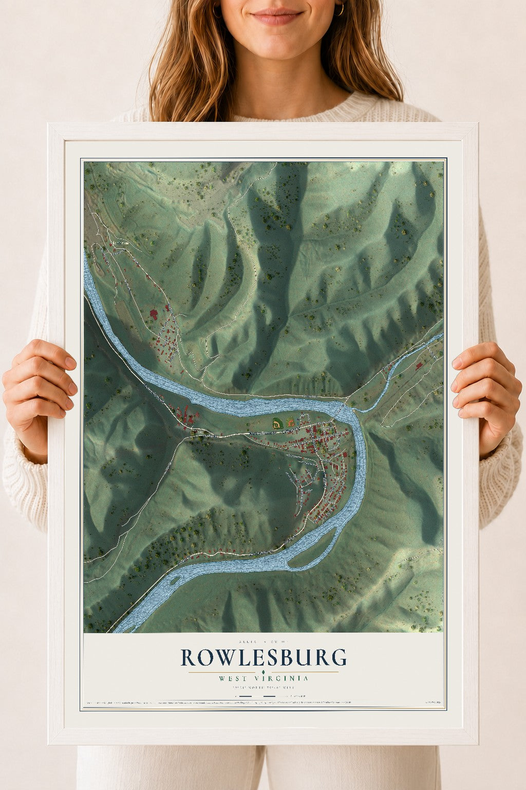 Map of Rowlesburg, West Virginia, 18 x 24 inch print in a white wood frame