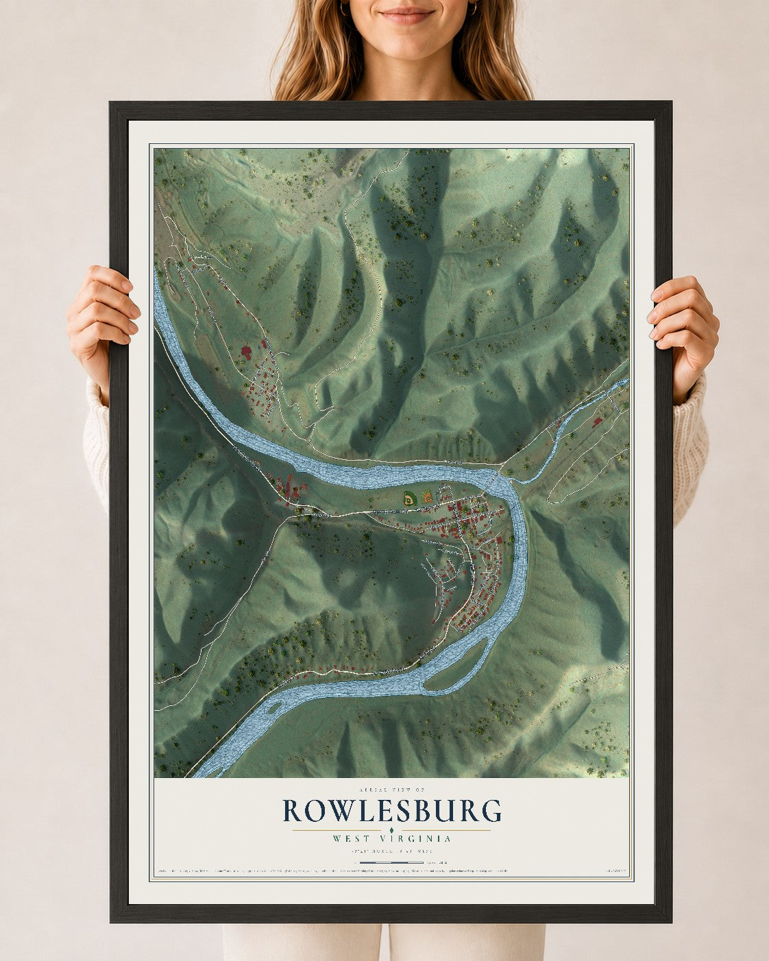 Map of Rowlesburg, West Virginia, 24 x 36 inch print in a black wood frame
