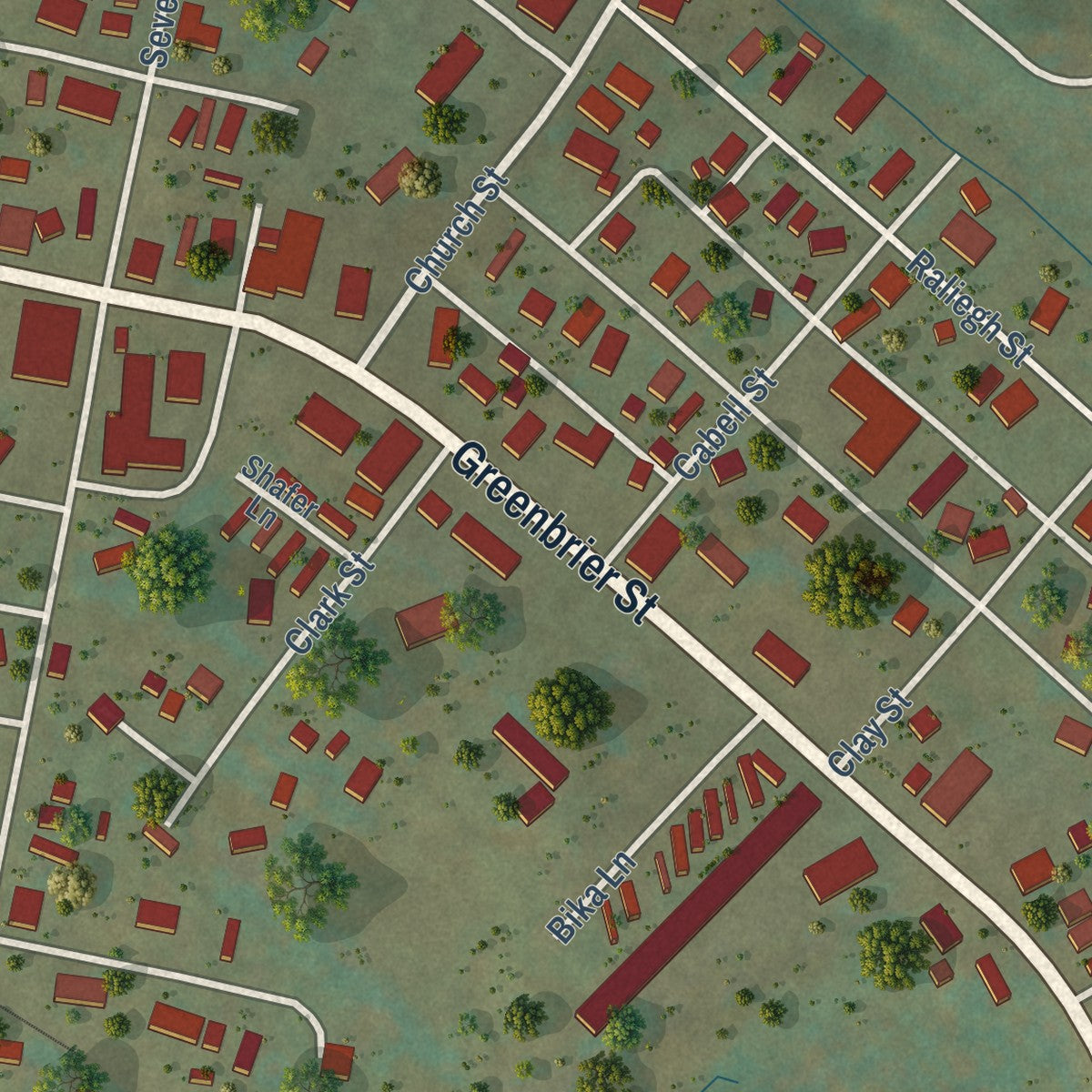 Close-up of the map of Rupert, West Virginia print showing street and building detail