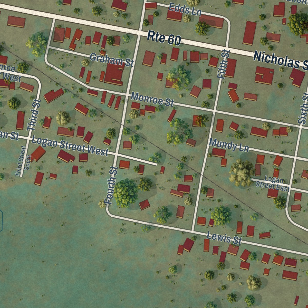 Second close-up of the map of Rupert, West Virginia print showing more streets and buildings