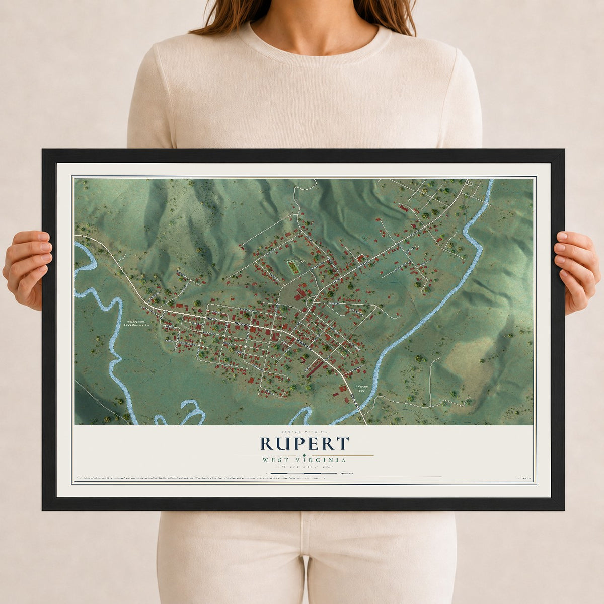 Map of Rupert, West Virginia, 12 x 18 inch print in a black wood frame