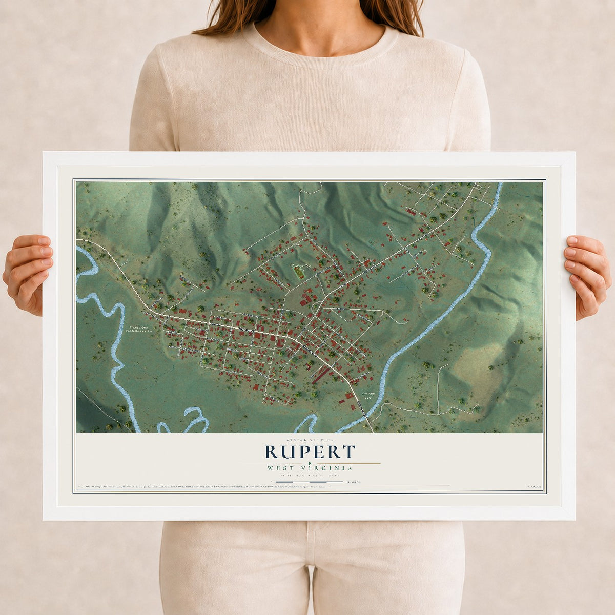 Map of Rupert, West Virginia, 12 x 18 inch print in a white wood frame
