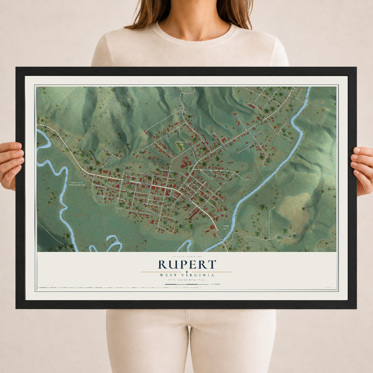 Map of Rupert, West Virginia, 18 x 24 inch print in a black wood frame
