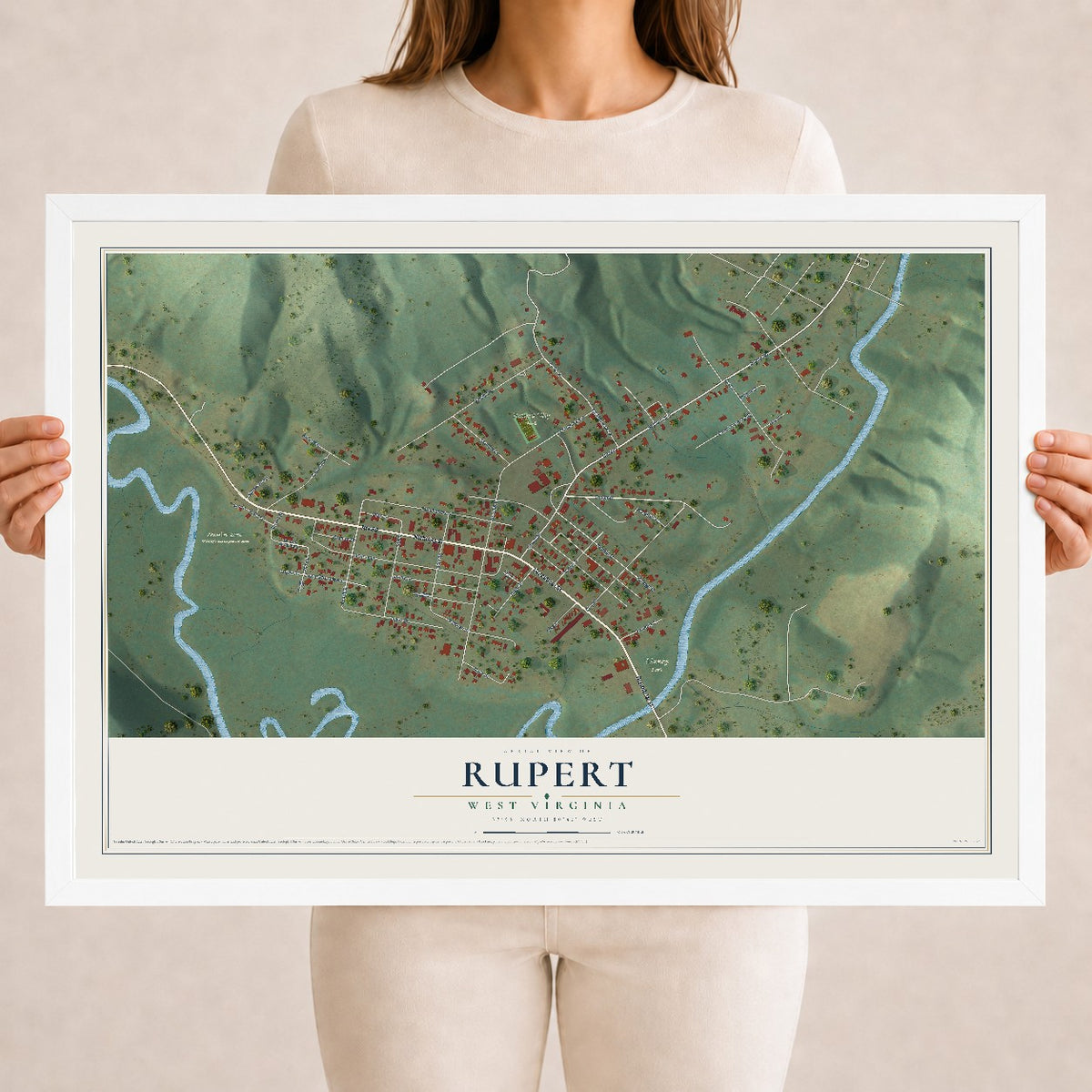Map of Rupert, West Virginia, 18 x 24 inch print in a white wood frame