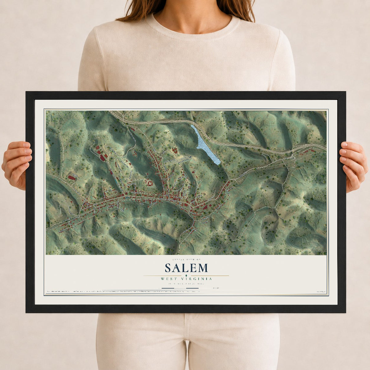 Map of Salem, West Virginia, 12 x 18 inch print in a black wood frame