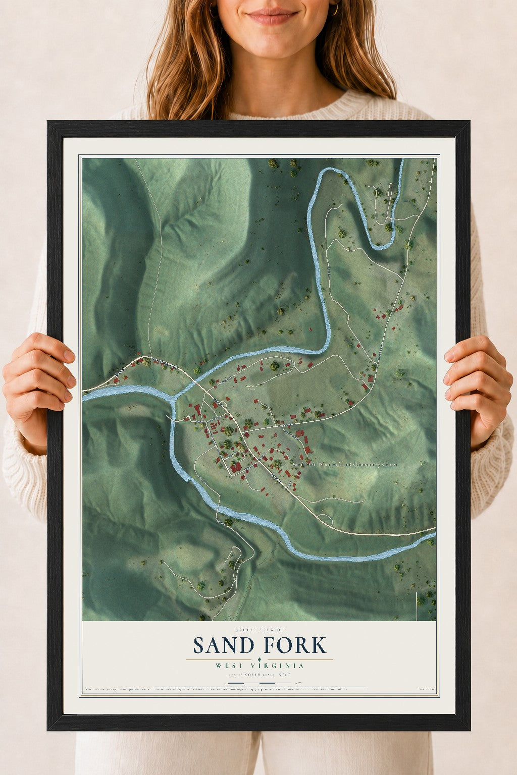 Map of Sand Fork, West Virginia, 18 x 24 inch print in a black wood frame