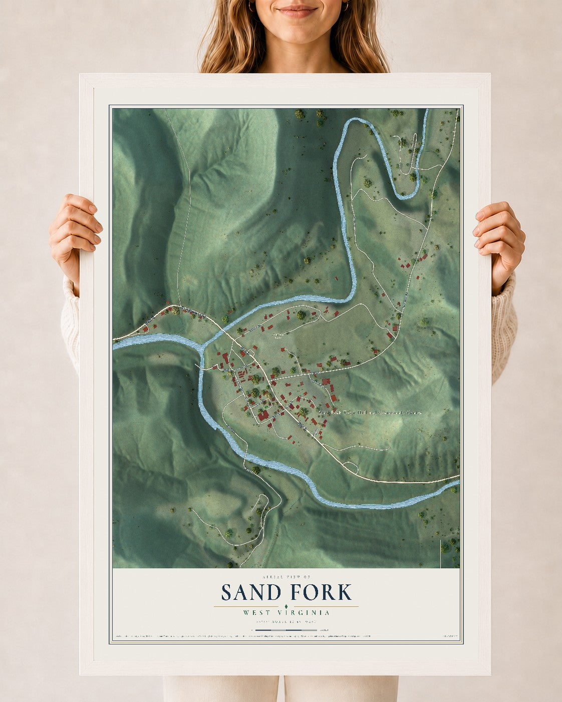 Map of Sand Fork, West Virginia, 24 x 36 inch print in a white wood frame