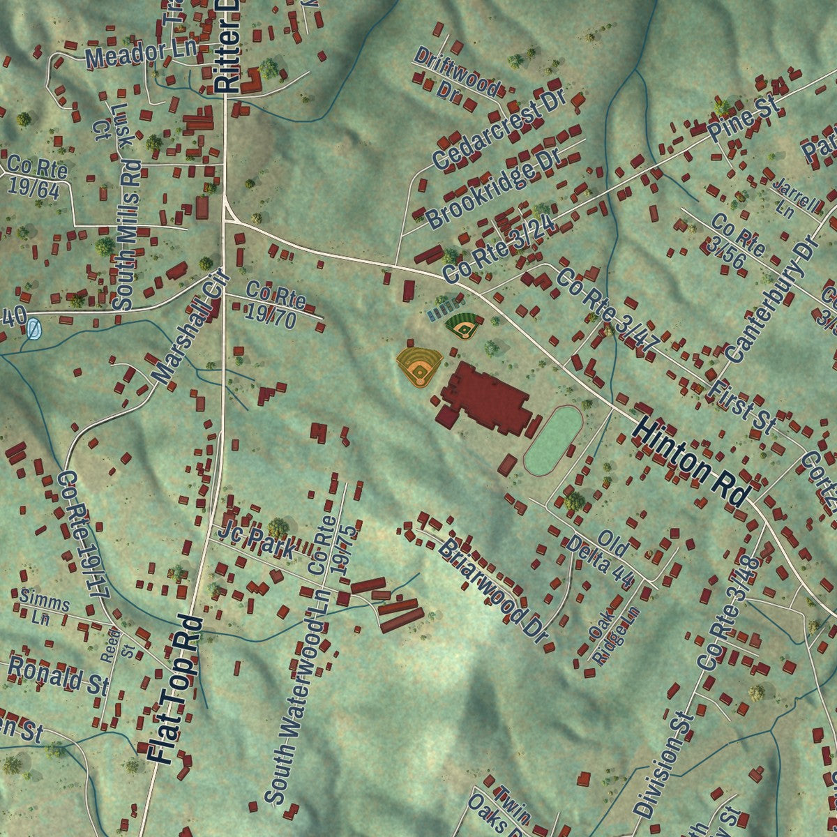 Close-up of the map of Shady Spring, West Virginia print showing street and building detail