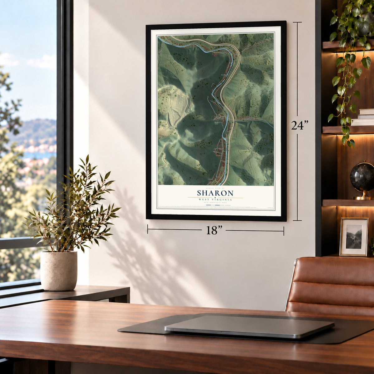 Sharon, West Virginia map, 18 x 24 inch print in a black frame in a home office