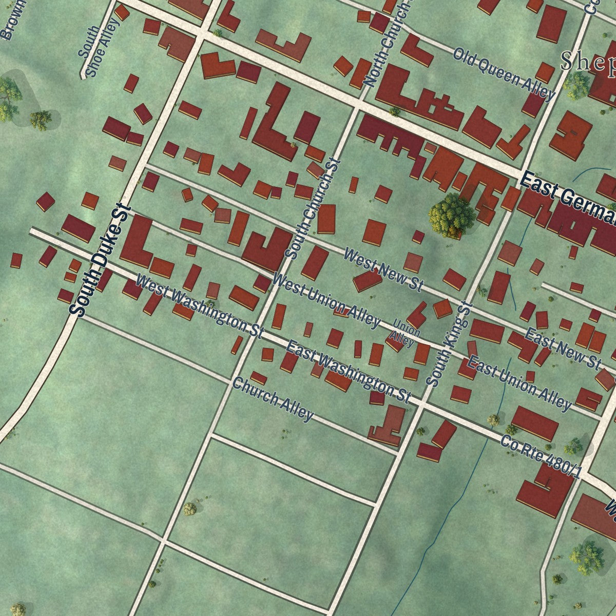 Close-up of the map of Shepherdstown, West Virginia print showing street and building detail
