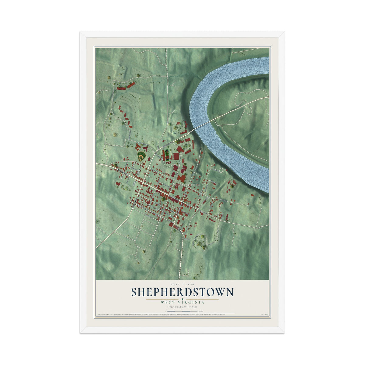 Map of Shepherdstown, West Virginia, 12 x 18 inch print in a white wood frame