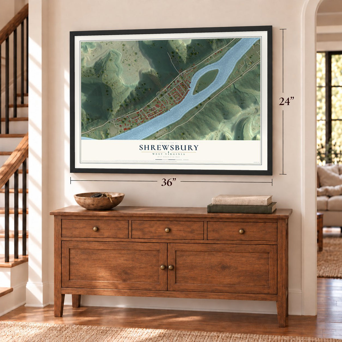 Shrewsbury, West Virginia map, 24 x 36 inch print in a black frame above a dresser by a staircase