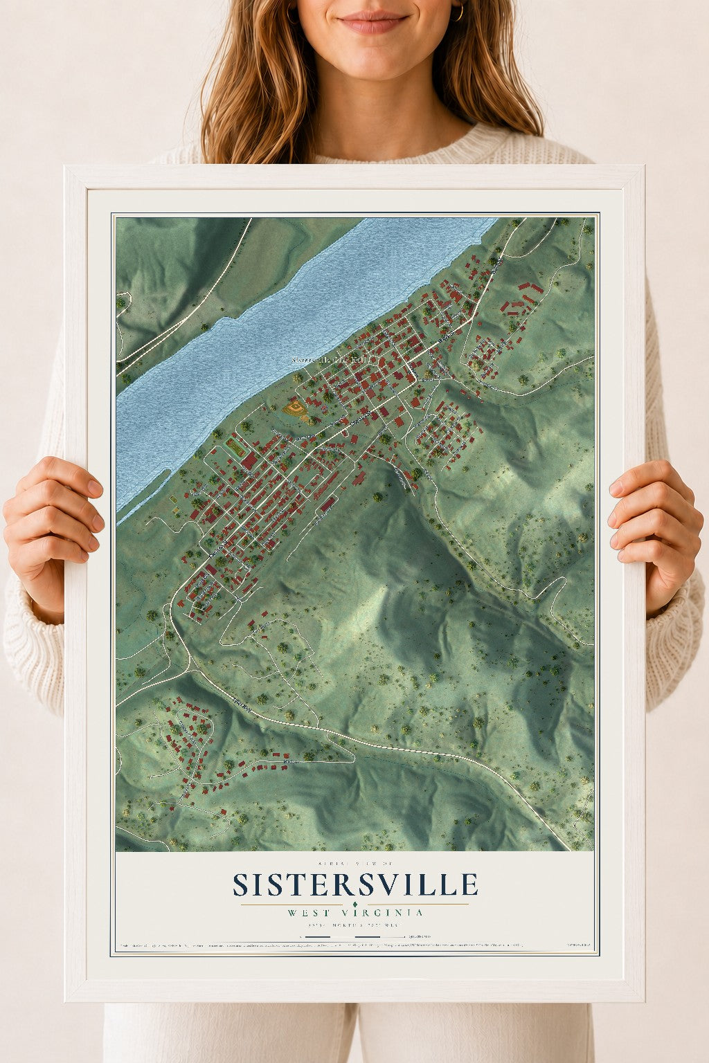 Map of Sistersville, West Virginia, 18 x 24 inch print in a white wood frame
