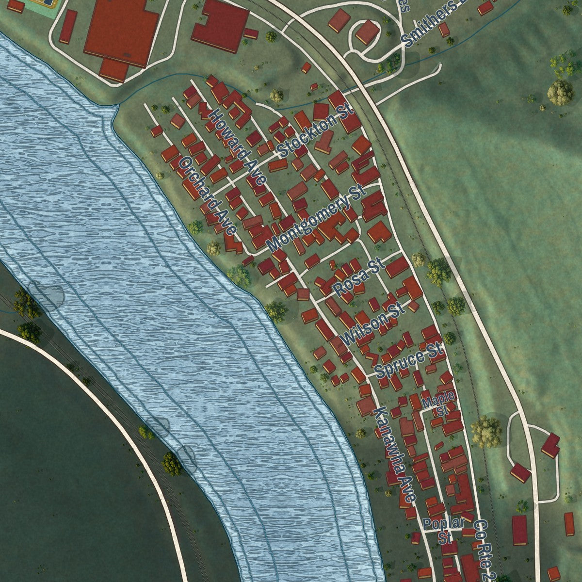 Close-up of the map of Smithers, West Virginia print showing street and building detail