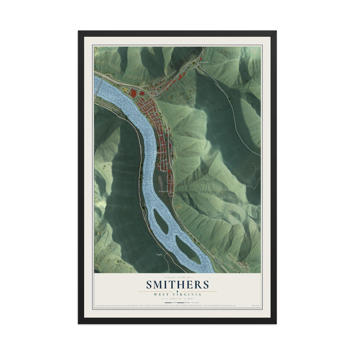 Map of Smithers, West Virginia, 12 x 18 inch print in a black wood frame