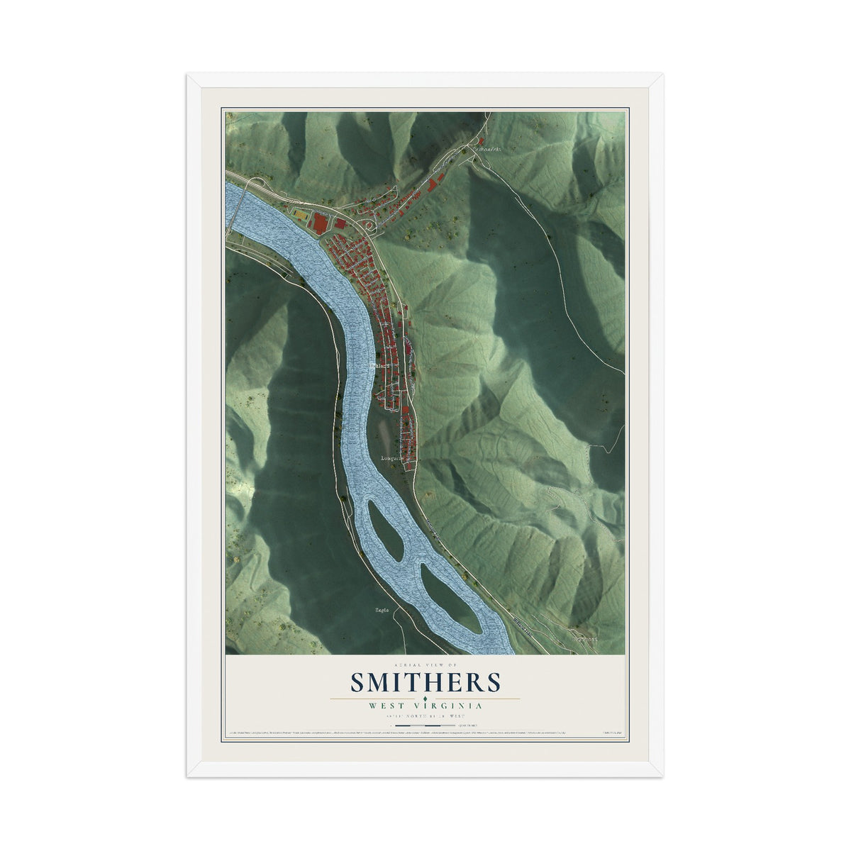 Map of Smithers, West Virginia, 12 x 18 inch print in a white wood frame