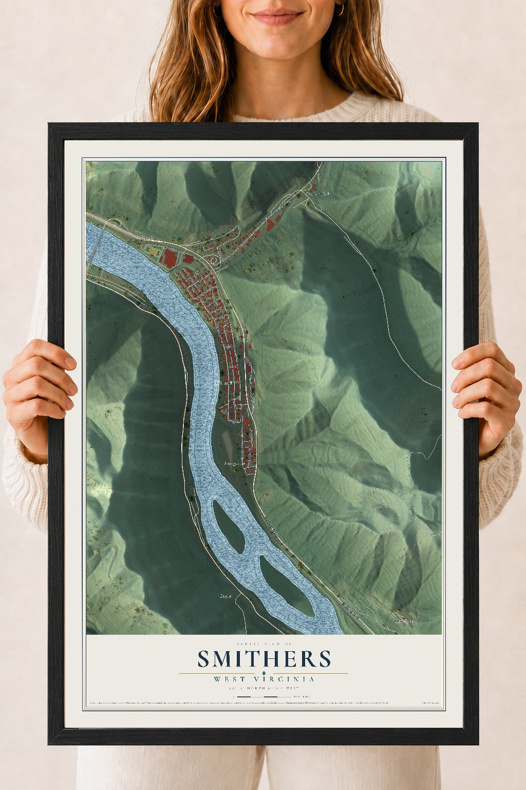 Map of Smithers, West Virginia, 18 x 24 inch print in a black wood frame