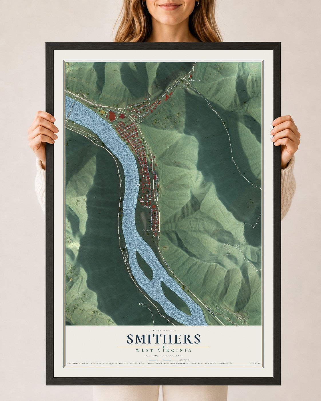 Map of Smithers, West Virginia, 24 x 36 inch print in a black wood frame