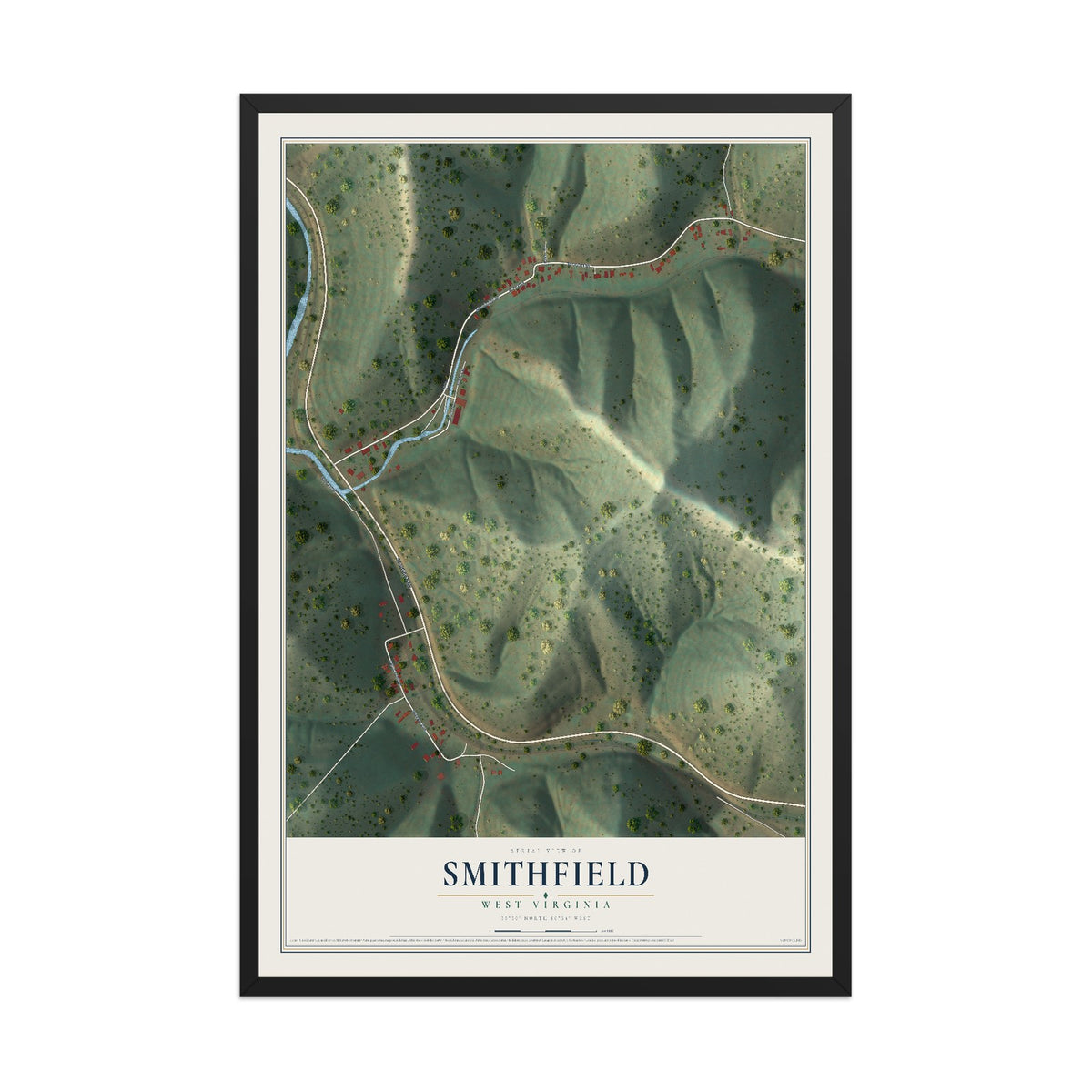 Map of Smithfield, West Virginia, 12 x 18 inch print in a black wood frame