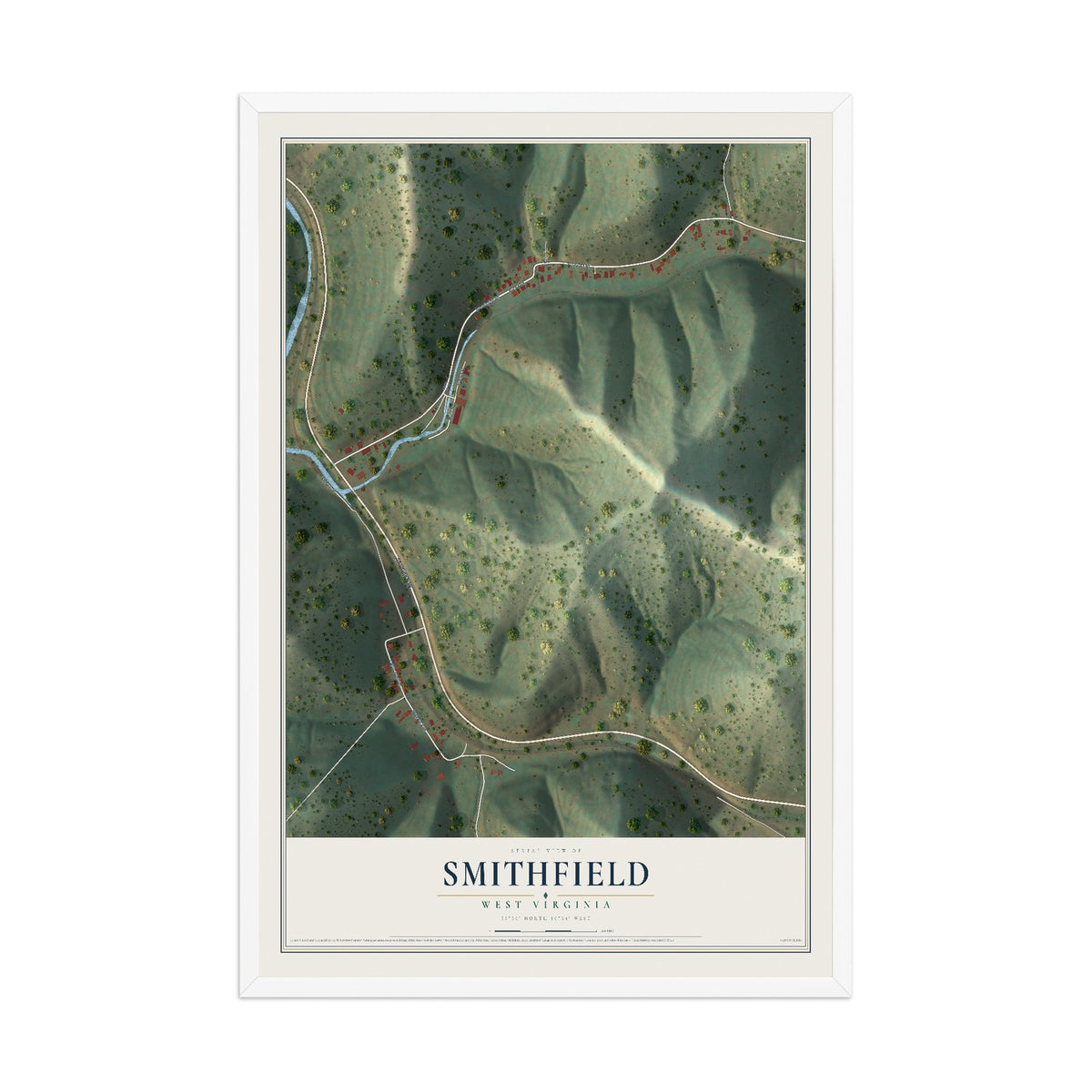 Map of Smithfield, West Virginia, 12 x 18 inch print in a white wood frame