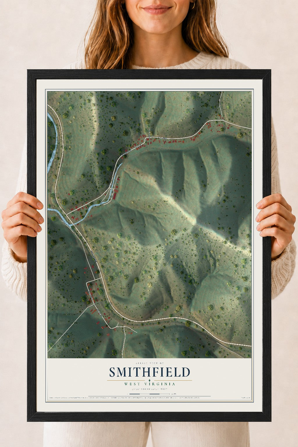 Map of Smithfield, West Virginia, 18 x 24 inch print in a black wood frame