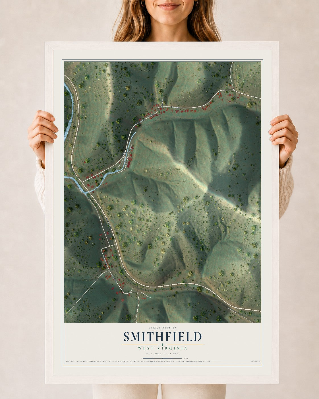 Map of Smithfield, West Virginia, 24 x 36 inch print in a white wood frame