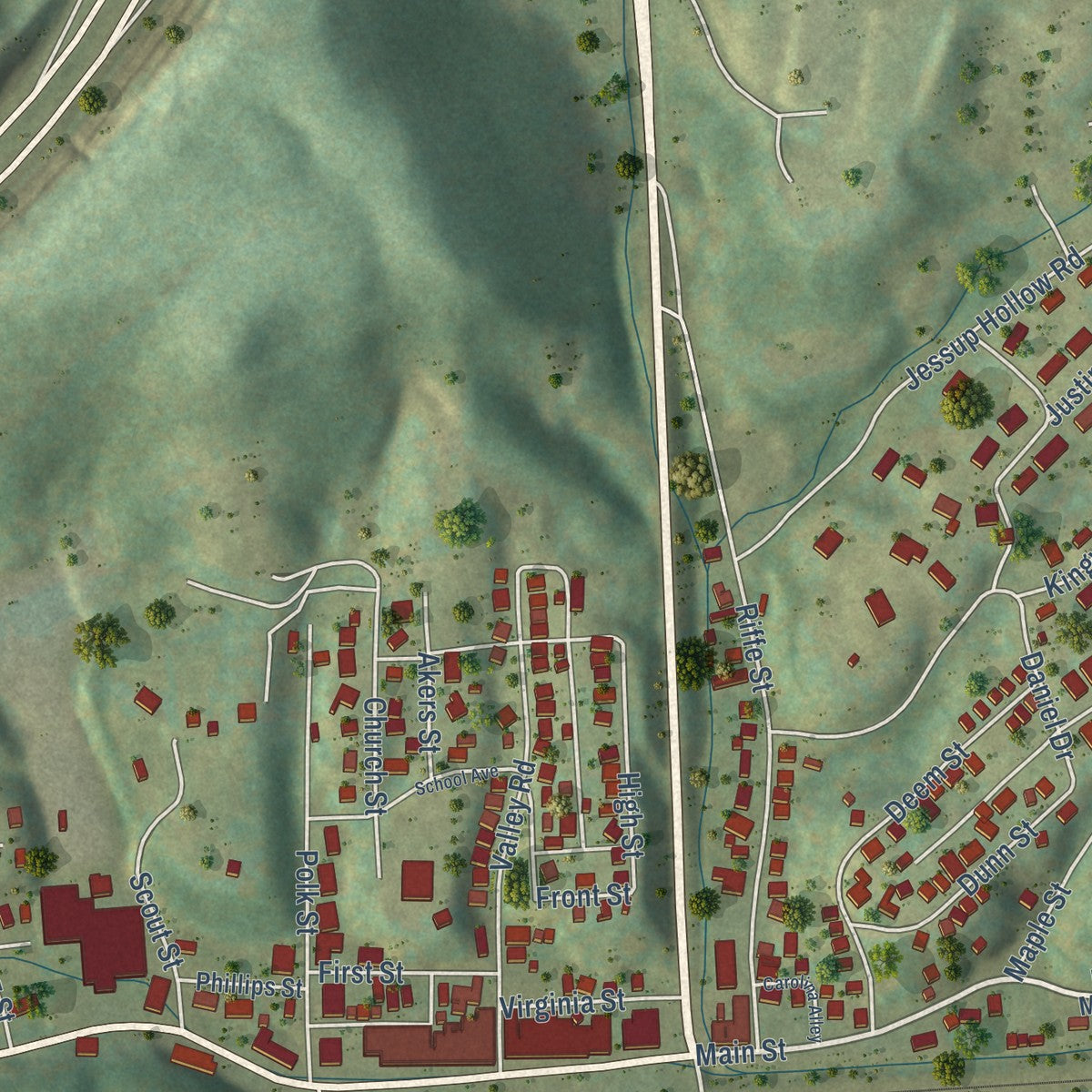 Close-up of the map of Sophia, West Virginia print showing street and building detail