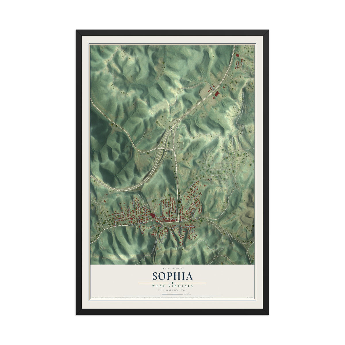 Map of Sophia, West Virginia, 12 x 18 inch print in a black wood frame
