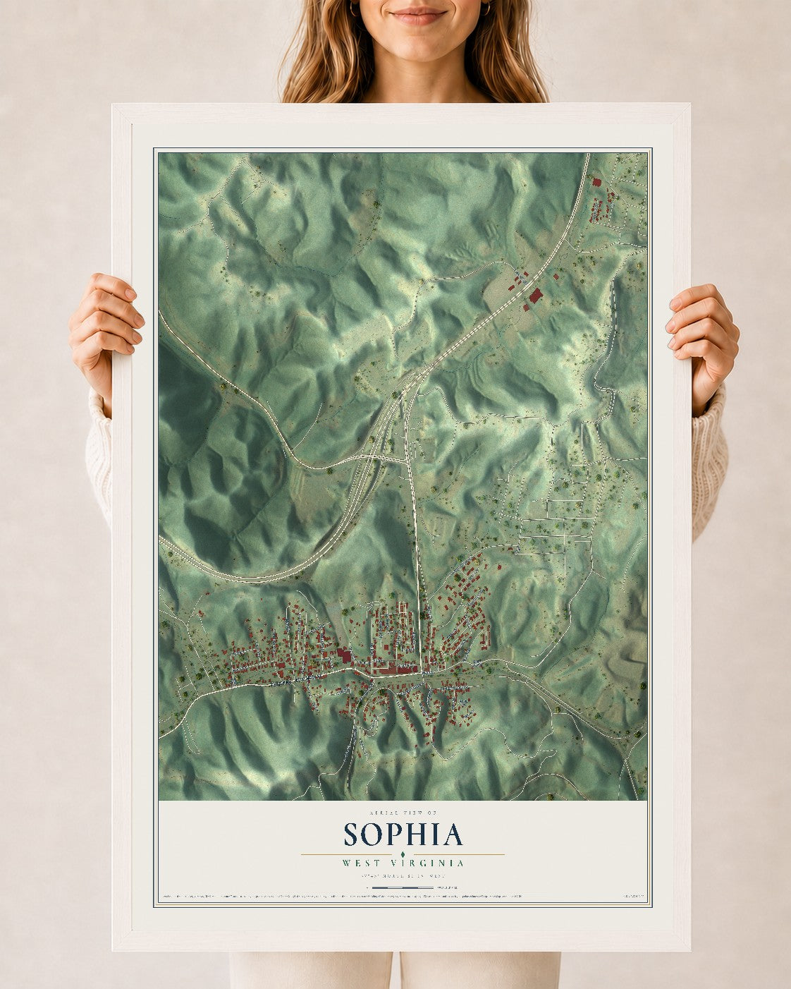 Map of Sophia, West Virginia, 24 x 36 inch print in a white wood frame