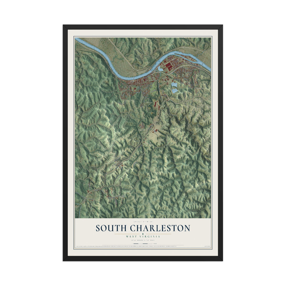 Map of South Charleston, West Virginia, 12 x 18 inch print in a black wood frame