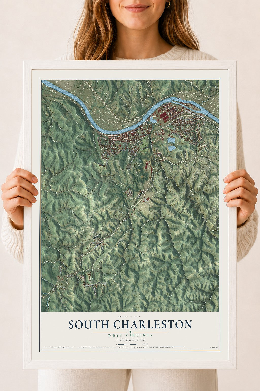 Map of South Charleston, West Virginia, 18 x 24 inch print in a white wood frame