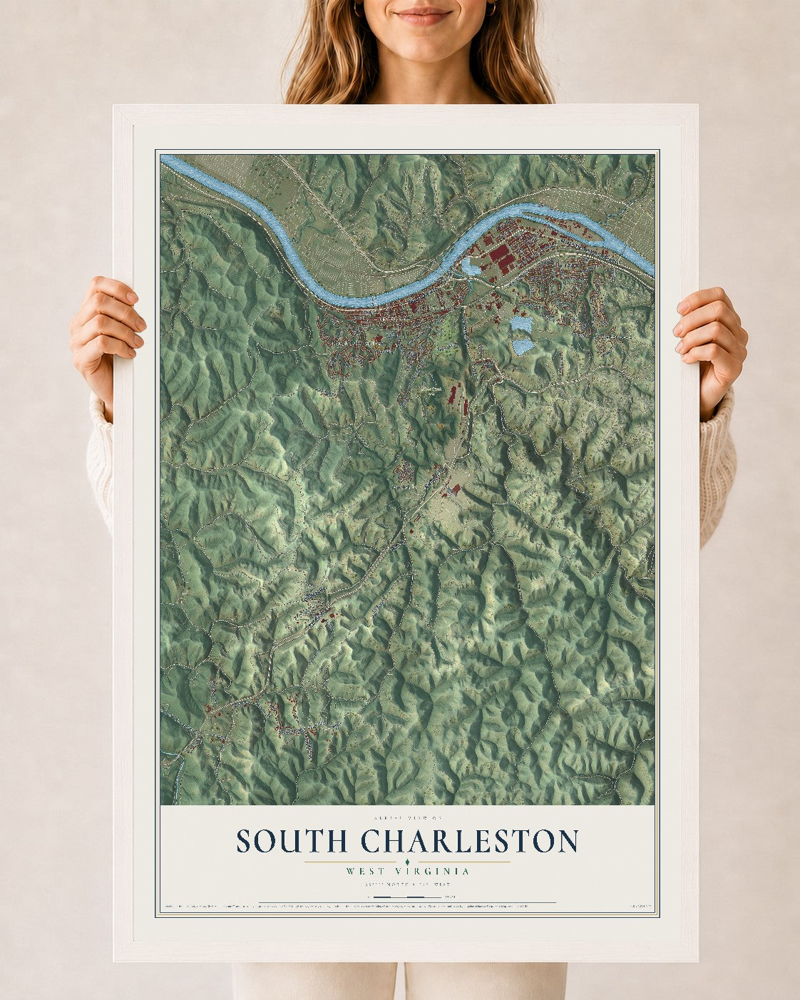 Map of South Charleston, West Virginia, 24 x 36 inch print in a white wood frame