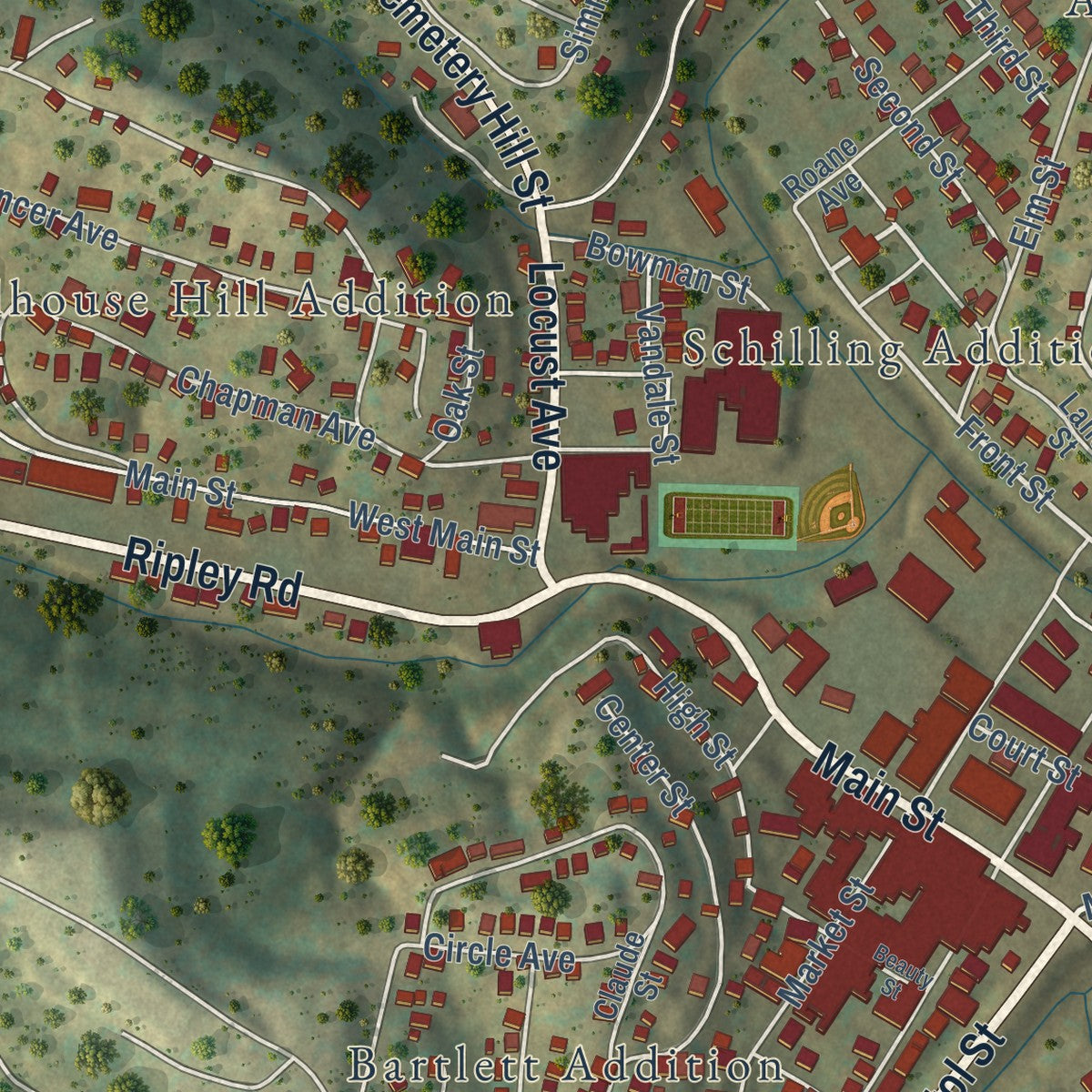Close-up of the map of Spencer, West Virginia print showing street and building detail