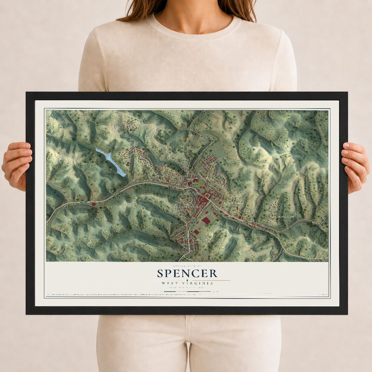Map of Spencer, West Virginia, 12 x 18 inch print in a black wood frame