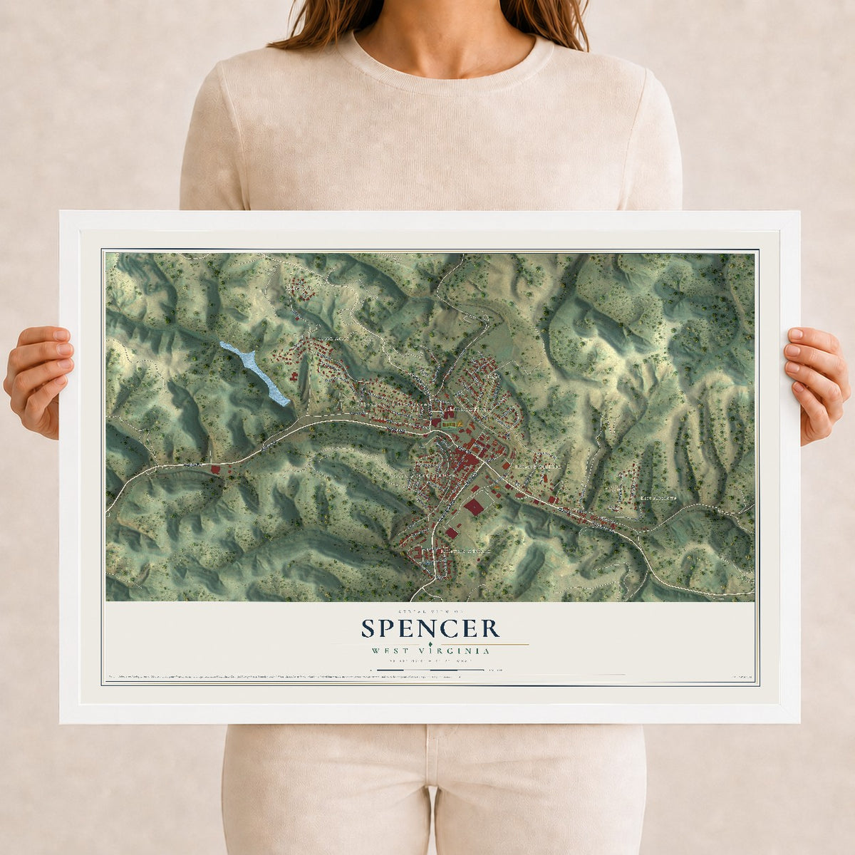 Map of Spencer, West Virginia, 12 x 18 inch print in a white wood frame