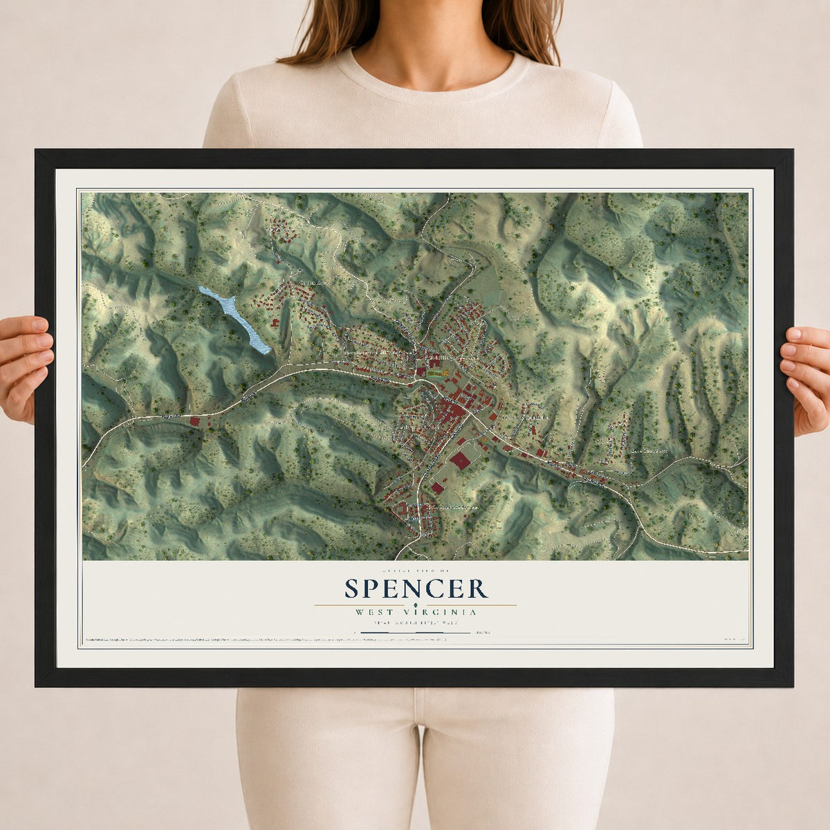 Map of Spencer, West Virginia, 18 x 24 inch print in a black wood frame
