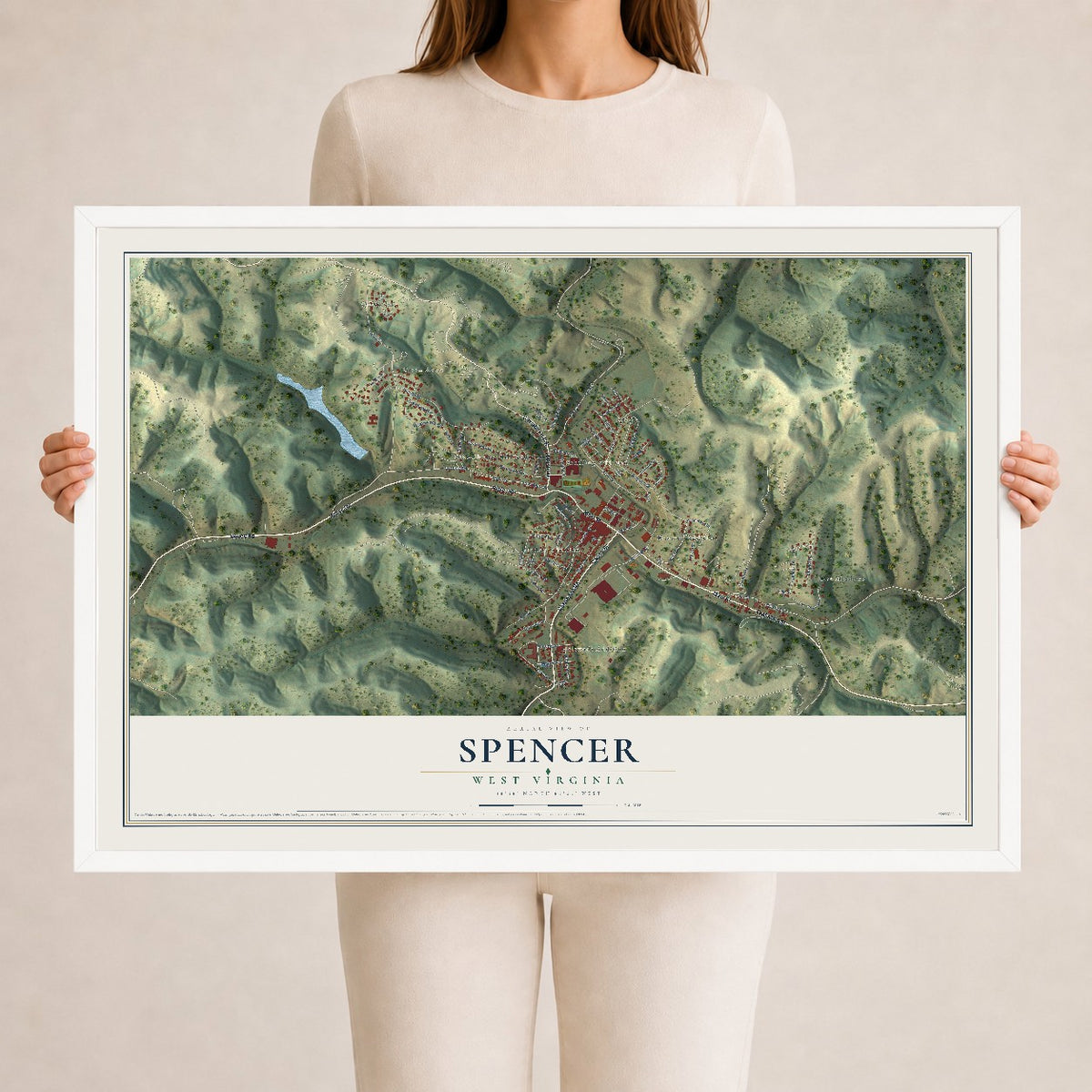 Map of Spencer, West Virginia, 24 x 36 inch print in a white wood frame