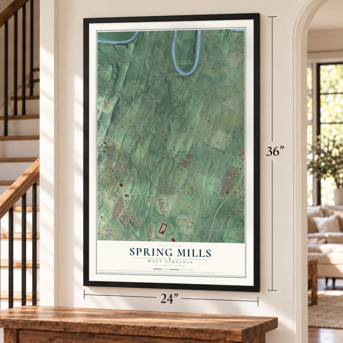 Spring Mills, West Virginia map, 24 x 36 inch print in a black frame by a staircase
