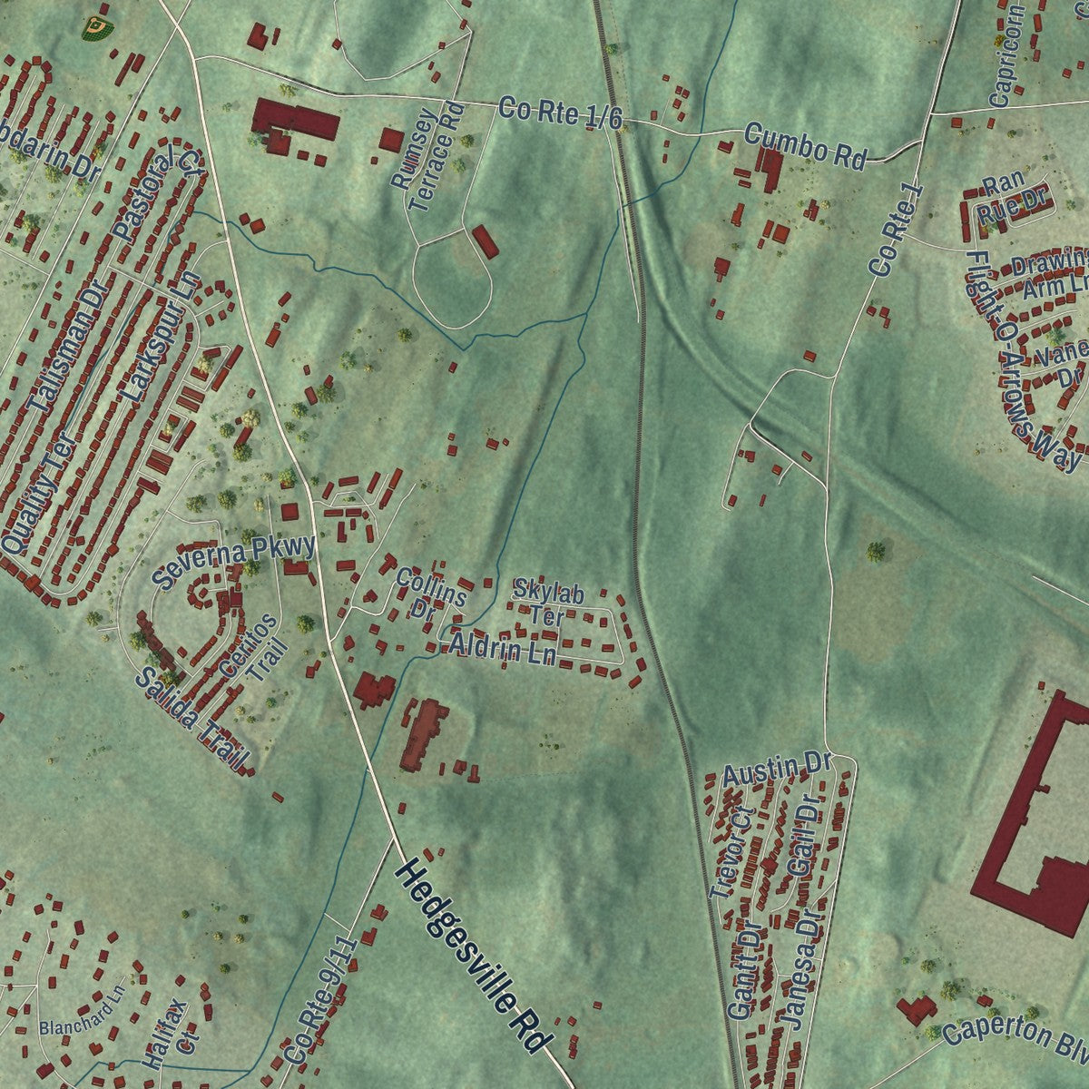 Close-up of the map of Spring Mills, West Virginia print showing street and building detail