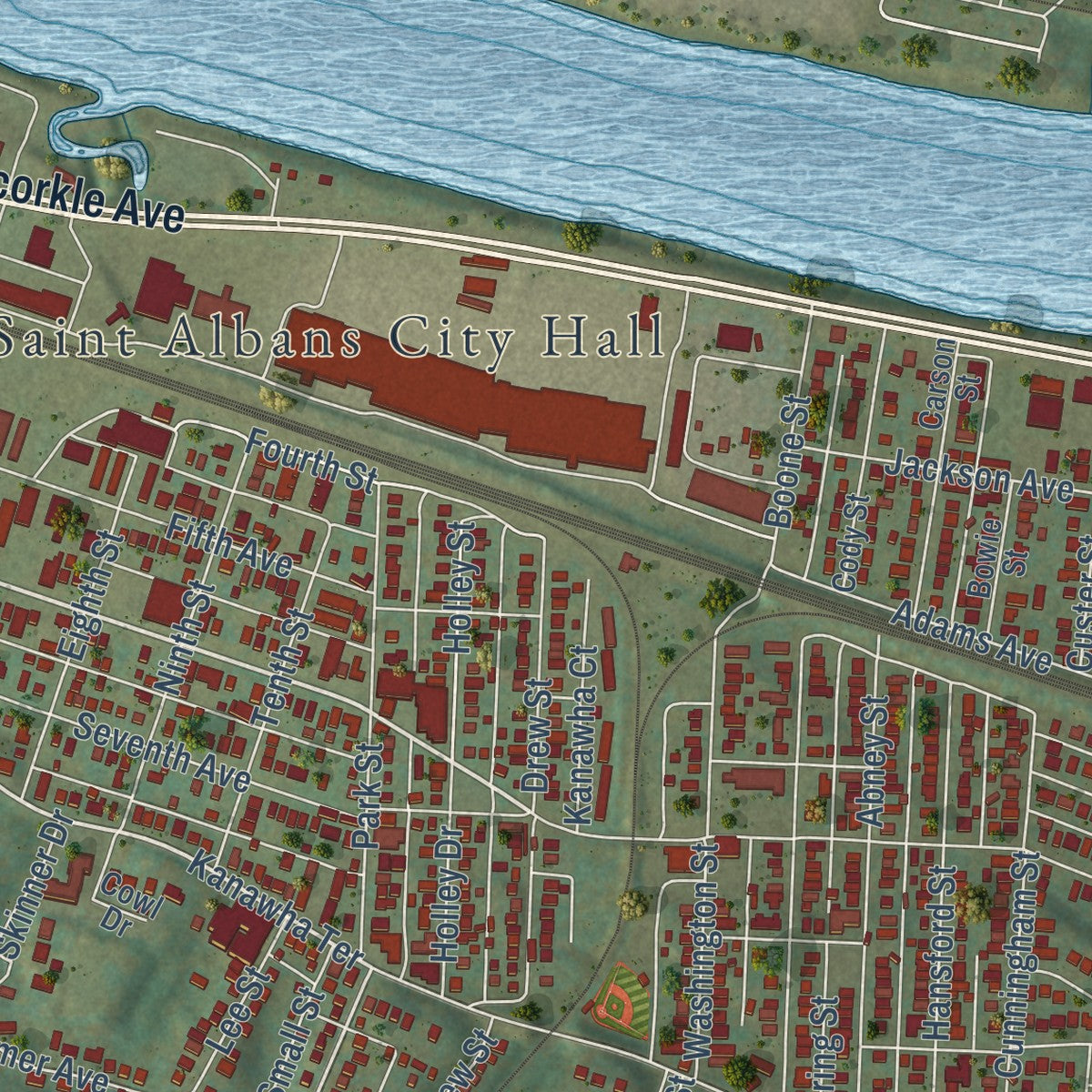 Second close-up of the map of St. Albans, West Virginia print showing more streets and buildings