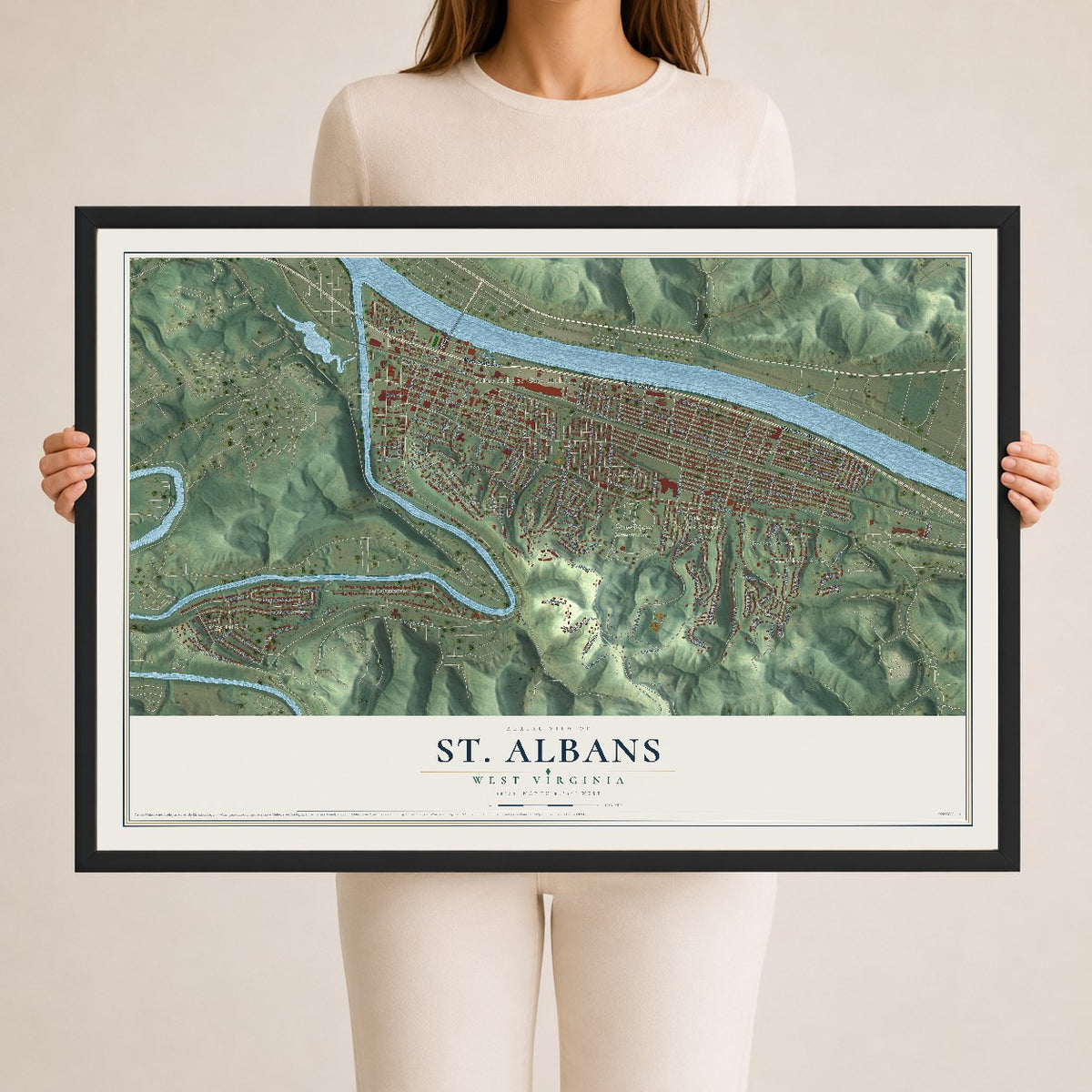 Map of St. Albans, West Virginia, 24 x 36 inch print in a black wood frame