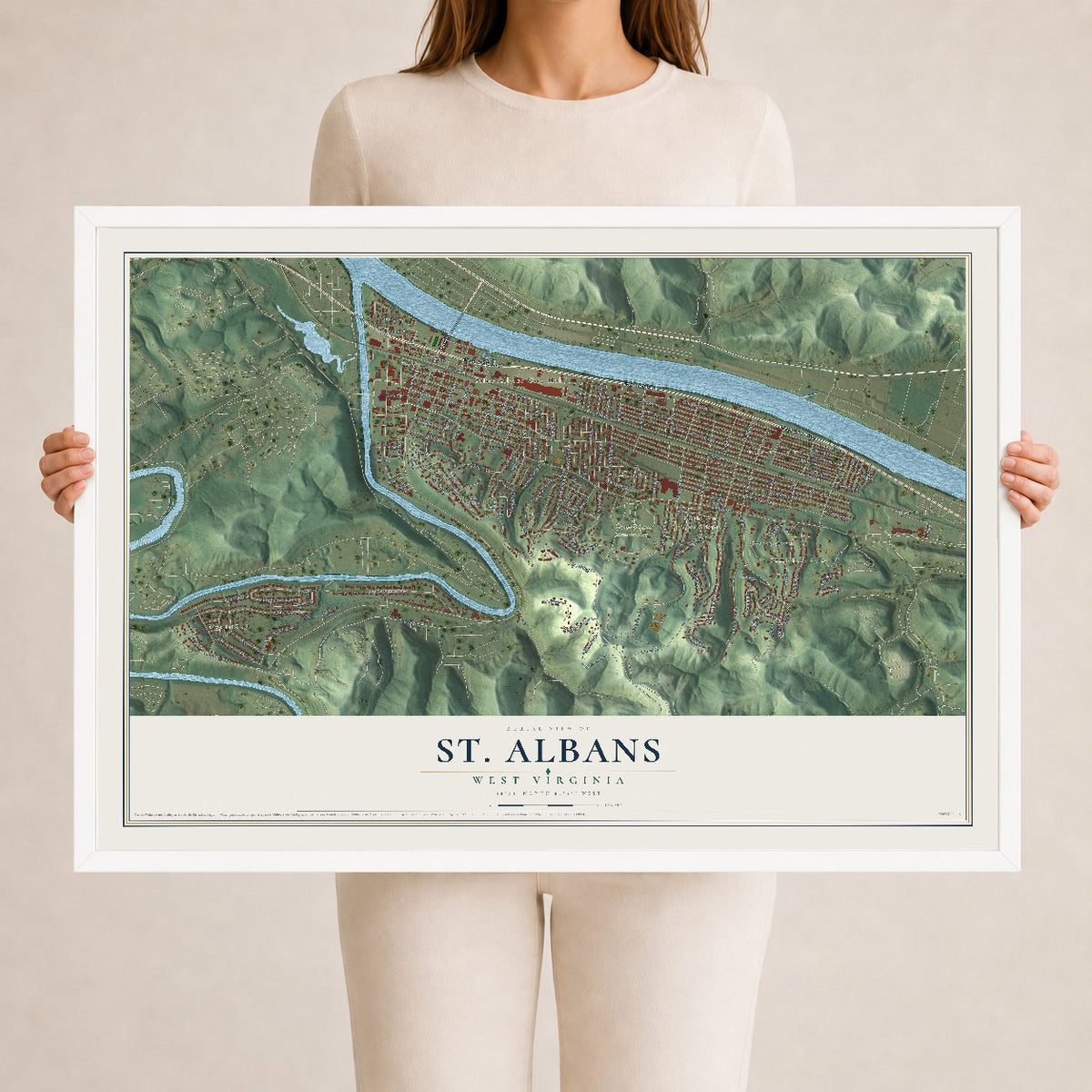 Map of St. Albans, West Virginia, 24 x 36 inch print in a white wood frame
