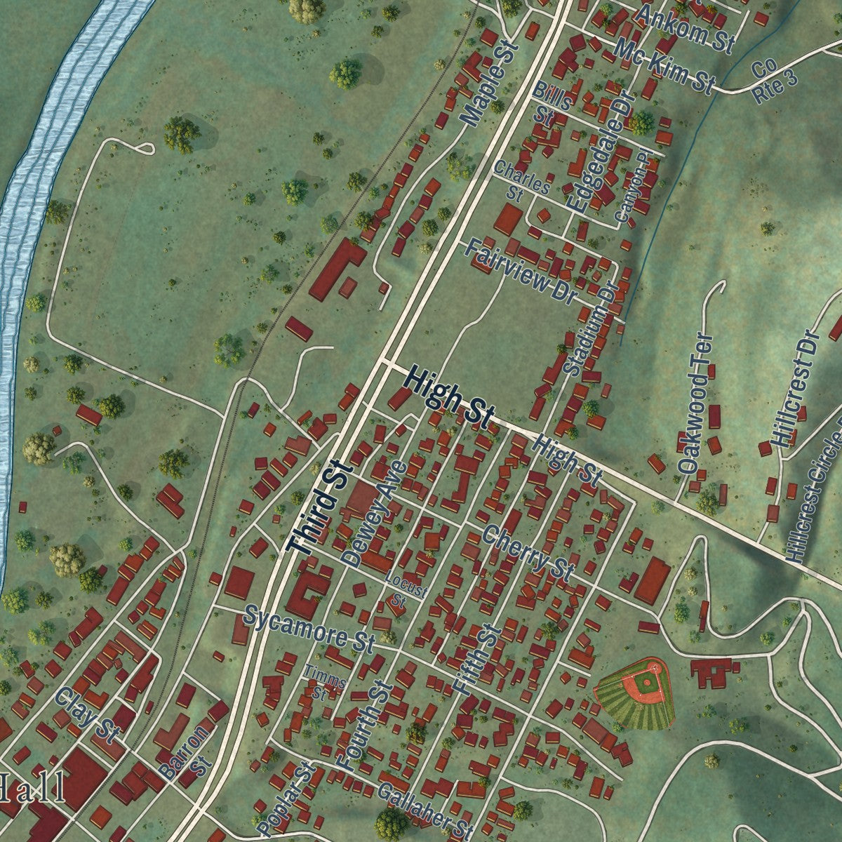 Close-up of the map of St. Marys, West Virginia print showing street and building detail