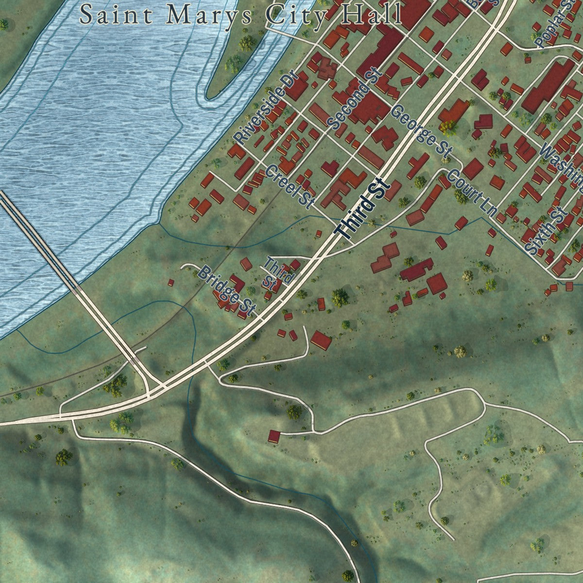 Second close-up of the map of St. Marys, West Virginia print showing more streets and buildings
